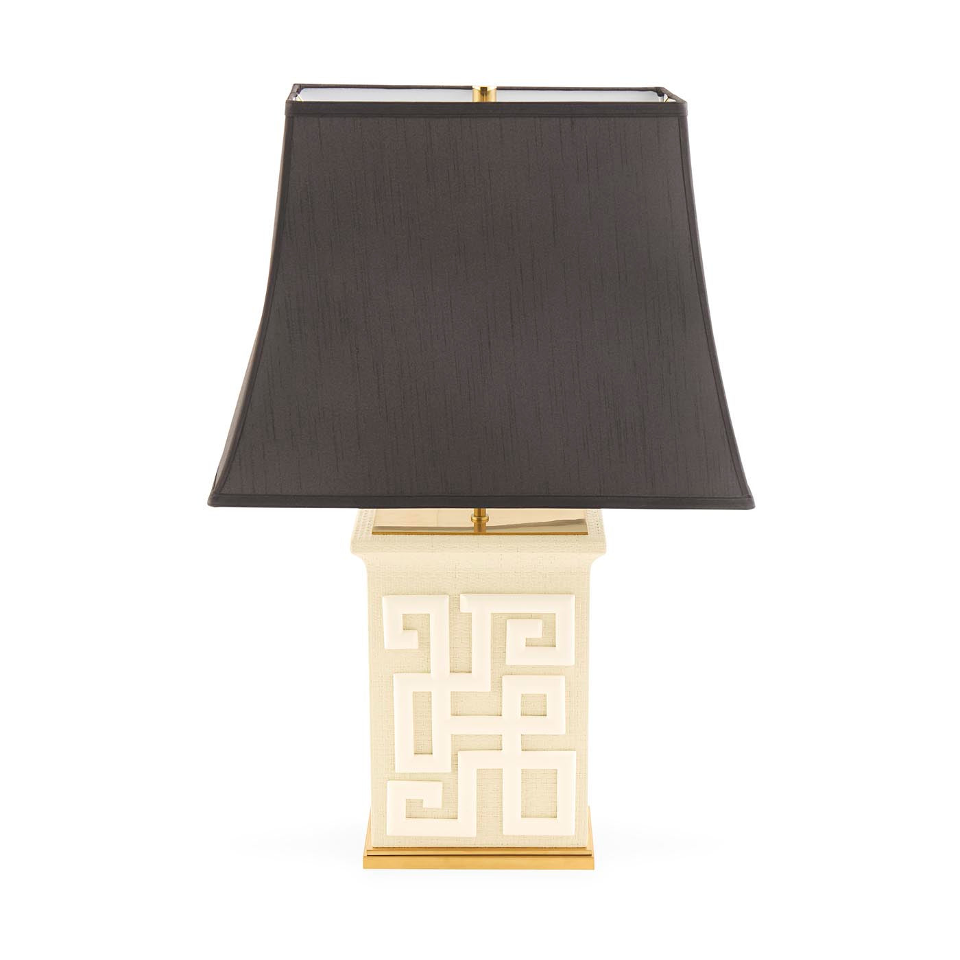 Table lamp with a black shade and decorative base on a white background