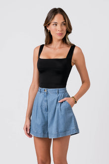 UNE PIECE-Chambray High-Waisted Shorts
