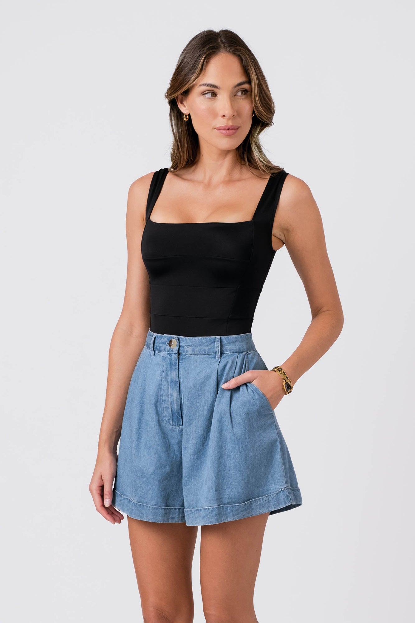 UNE PIECE-Chambray High-Waisted Shorts