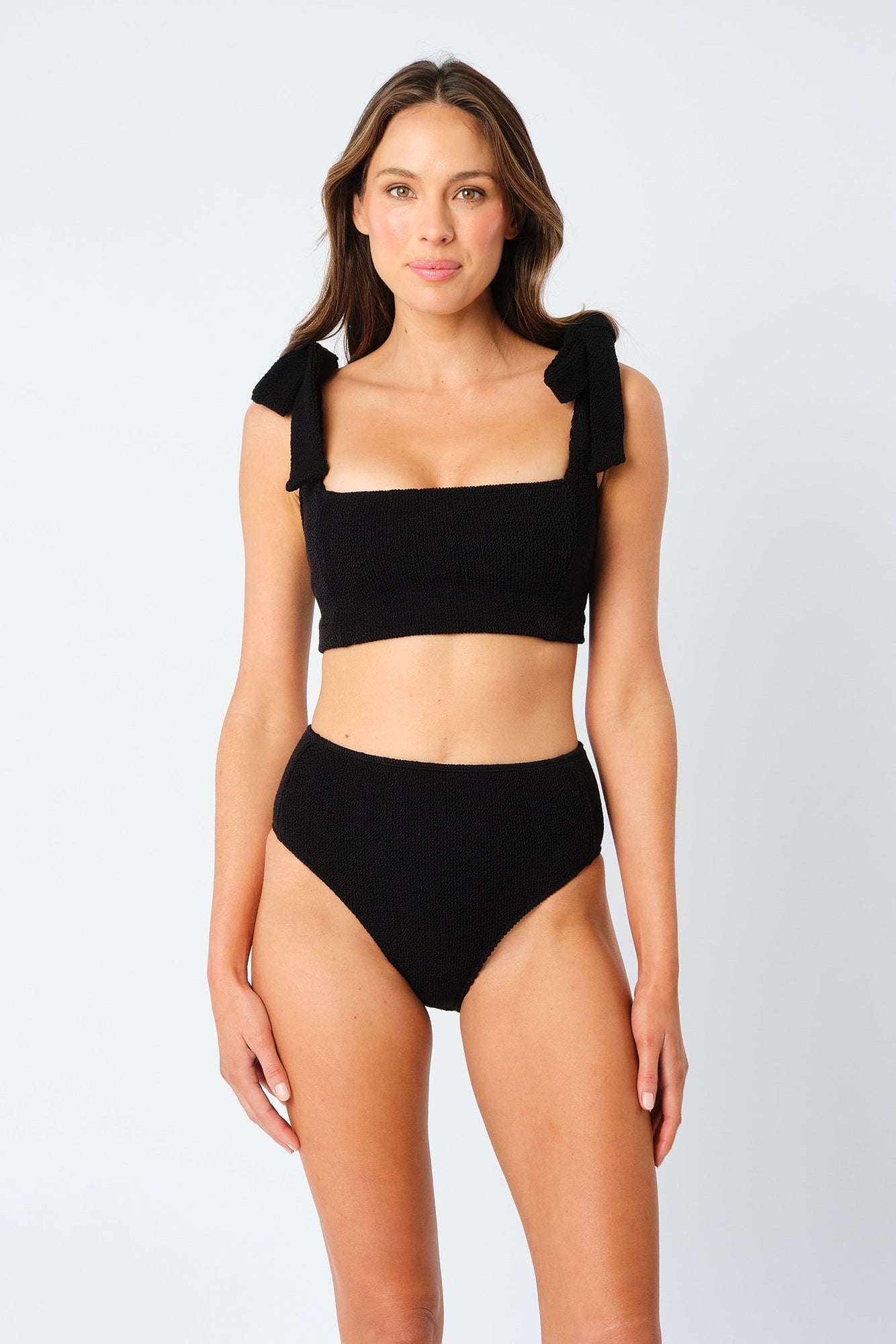 UNE PIECE-Crinkle Cut High-Waisted Bikini Bottom BLACK