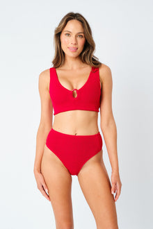 UNE PIECE-Crinkle Cut High-Waisted Bikini Bottom RED