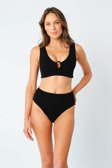 UNE PIECE-Crinkle Cut V-Neck Bikini Bralette with Ring BLACK