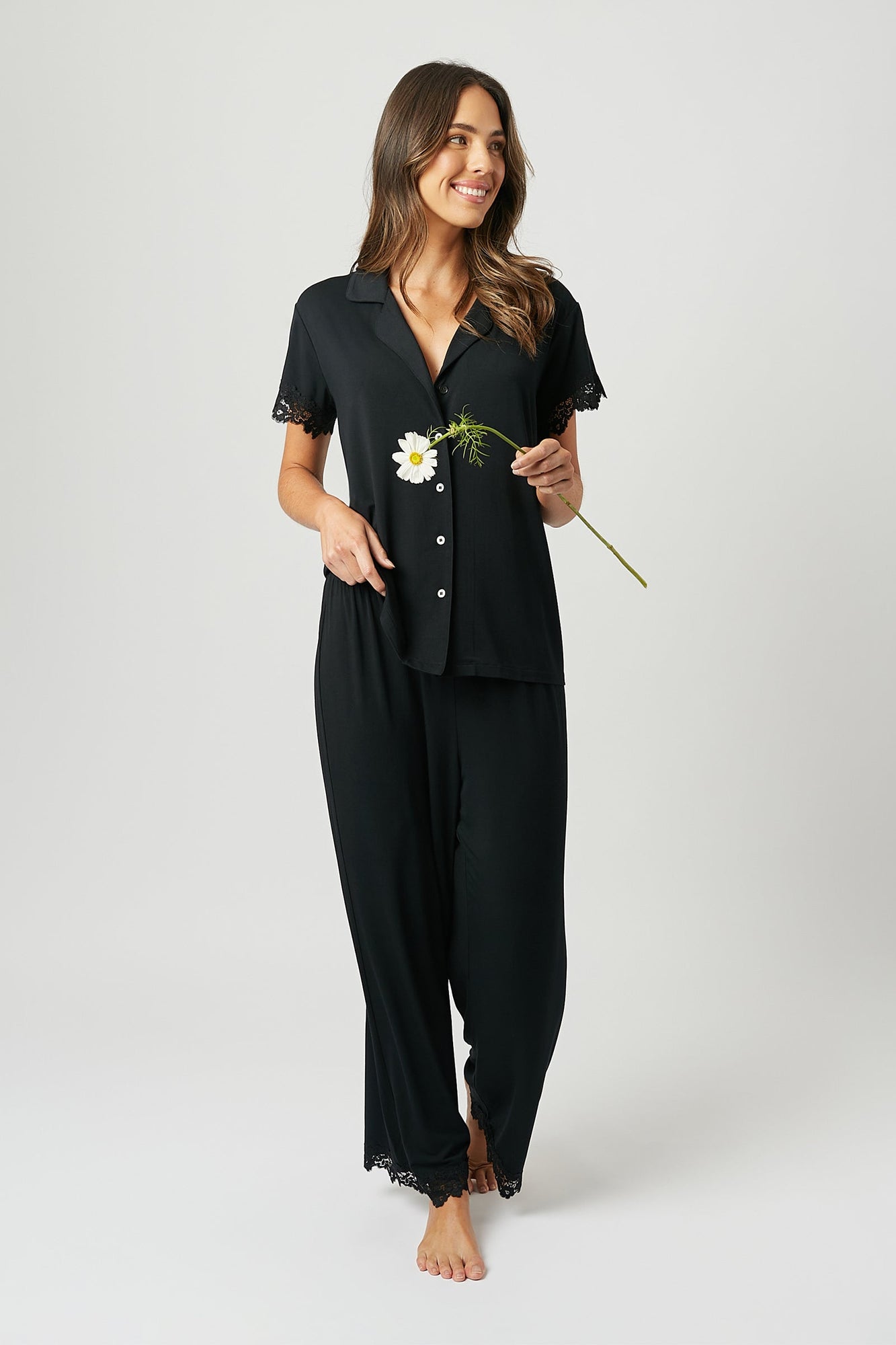 UNE PIECE-Lace Trim Modal Full Length Pyjama Set BLACK
