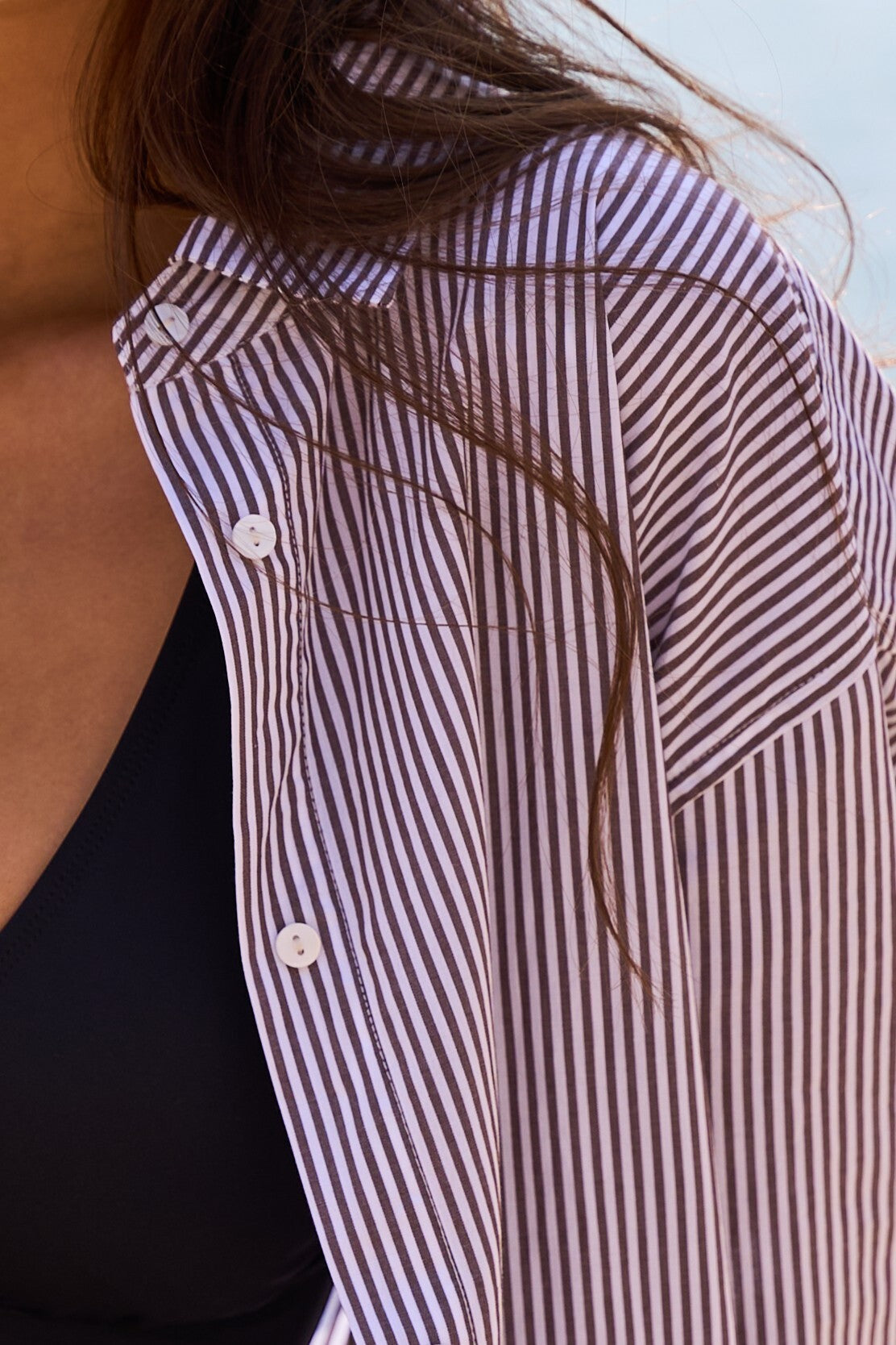 UNE PIECE-Striped Relaxed Button Up Shirt CHOCOLATE & WHITE