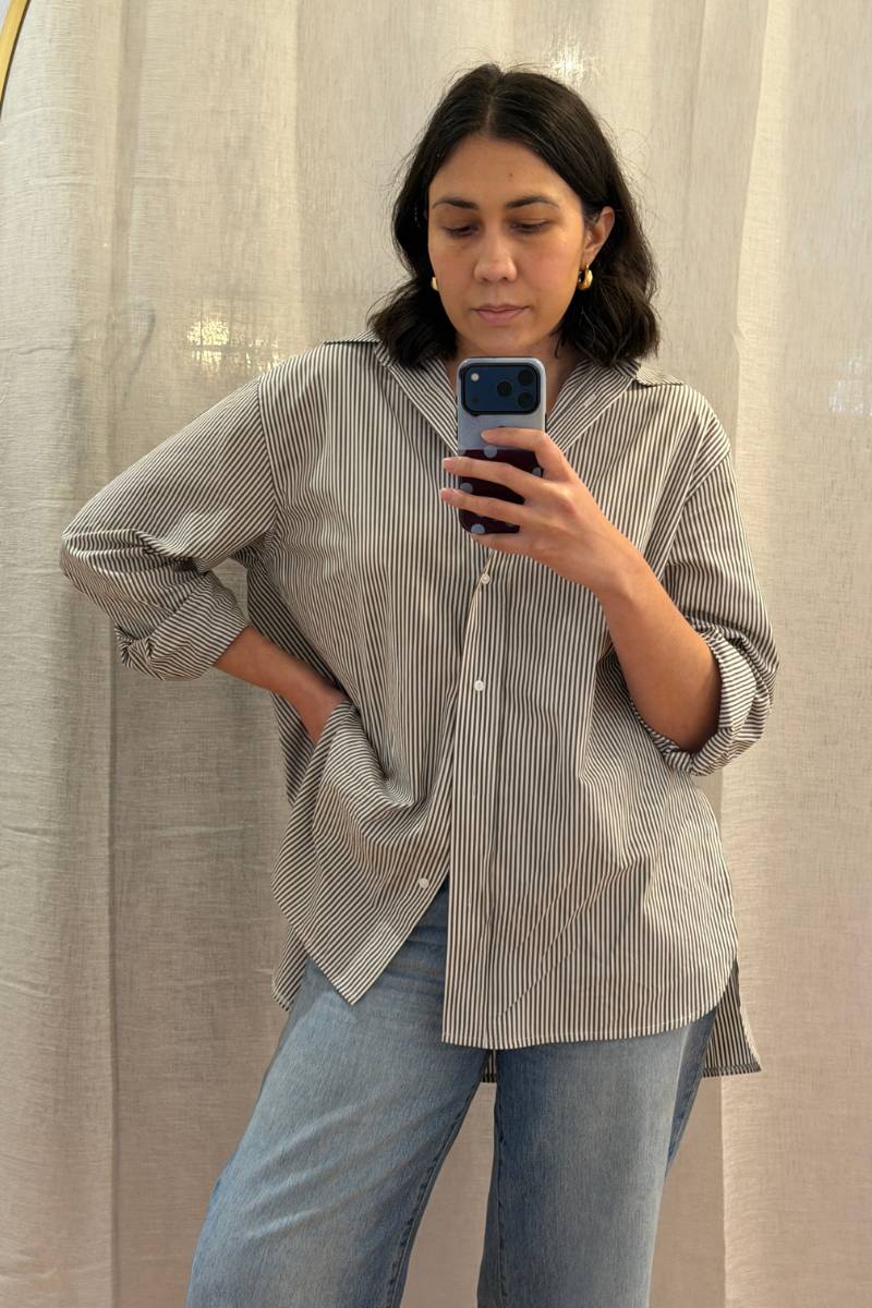 UNE PIECE-Striped Relaxed Button Up Shirt CHOCOLATE & WHITE