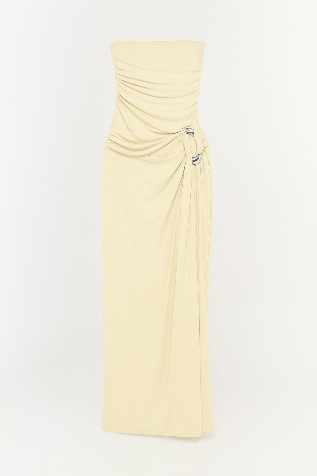 Cream strapless floor-length gown with draped bodice and side tie detail.