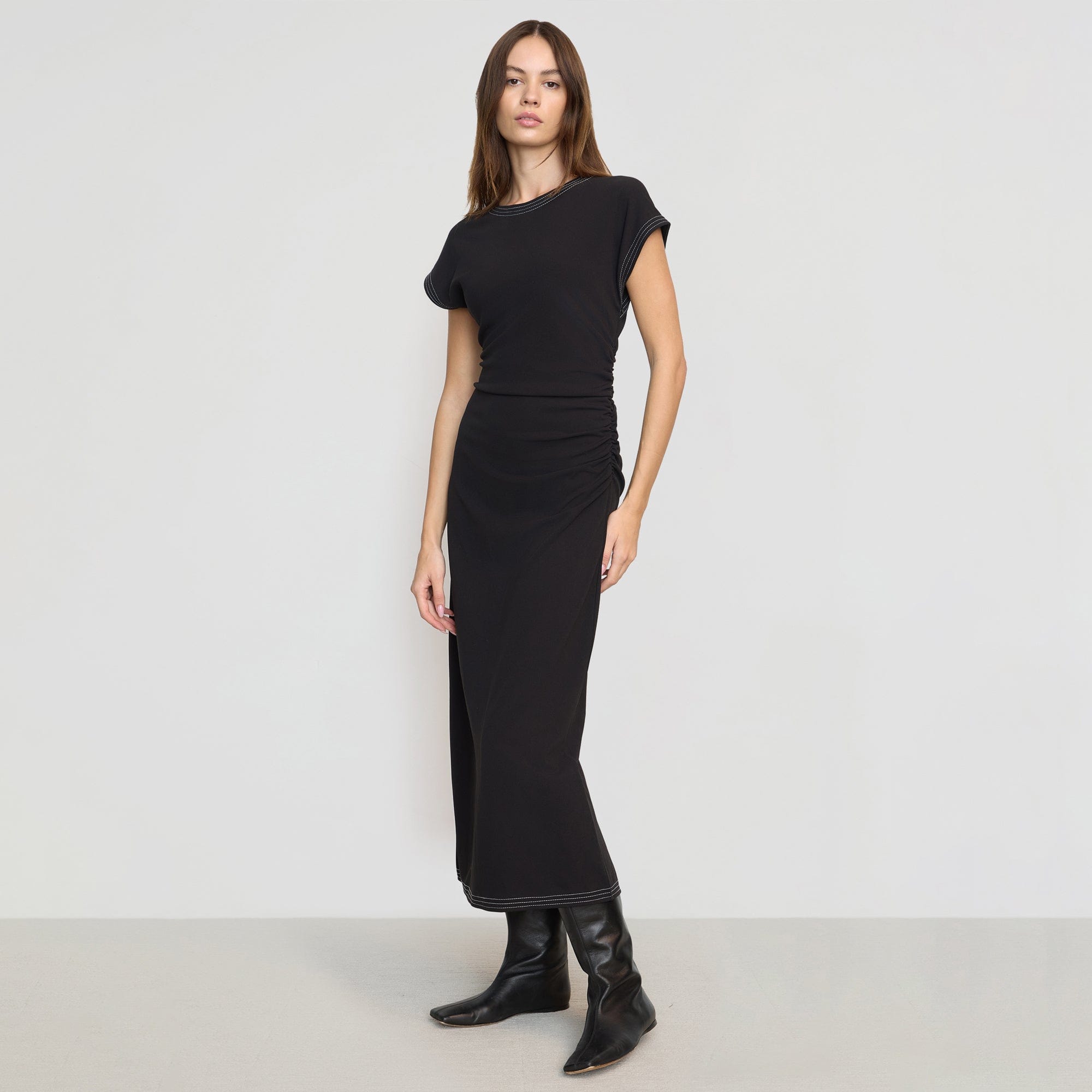 Vela Contrast-Stitch Ruched-Waist Dress | Black