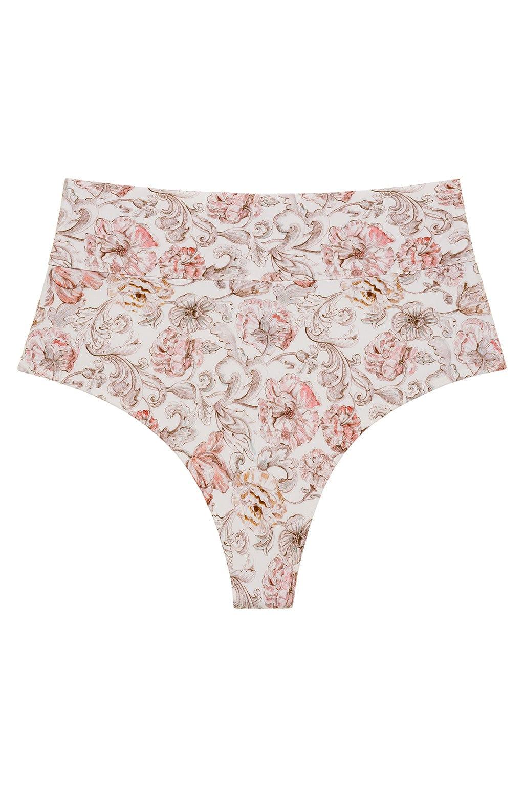 High-rise bikini bottom in cream and pink floral print with ornate scrollwork design.