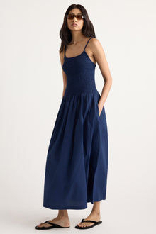 Arya | Venus Smocked Organic Cotton Midi Dress in Size Small