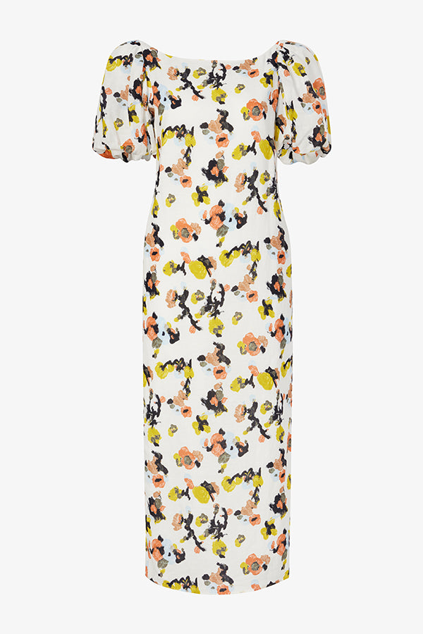 Front image of a woman wearing the Gali dress in meadow print linen | Still | Exclude