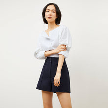 Image of a woman wearing the Chiara Top in Blue / Ivory